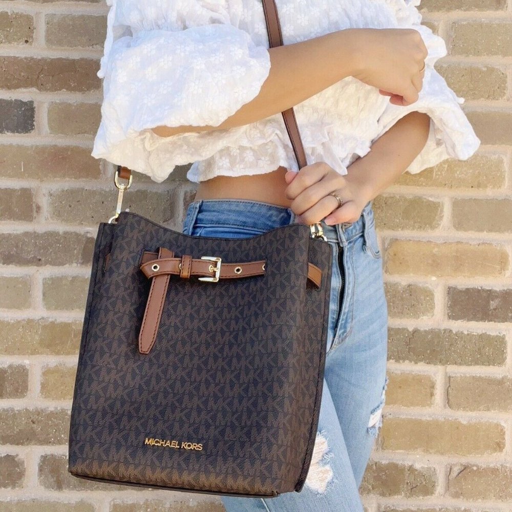 Michael Kors Brown Monogram Crossbody Bucket Bag with Tan Strap